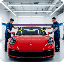 Two technicians in blue uniforms polish a red sports car in a well-lit garage, using suction pads on the windshield.