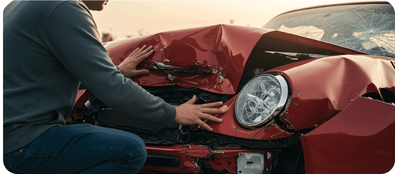 A person examines the heavily damaged front of a red car with a shattered headlight and crumpled hood.